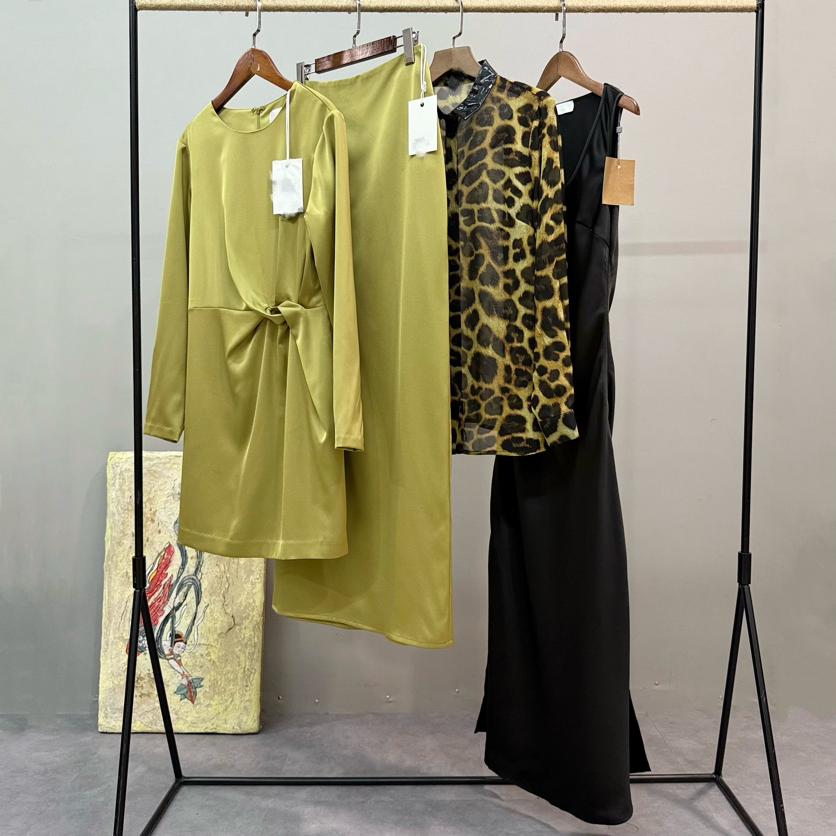 外贸单质感收腰长袖连衣裙高腰半裙时尚豹纹衬衣气质修身长裙女夏