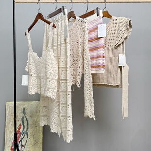 外贸单针织钩花镂空简约吊带半裙后背系绳上衣飞袖设计款套头衫女