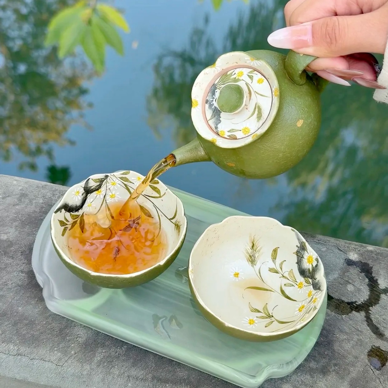 【青松抱富杯】小青柑手绘雏菊陶瓷茶杯过滤壶桌面摆件泡茶壶