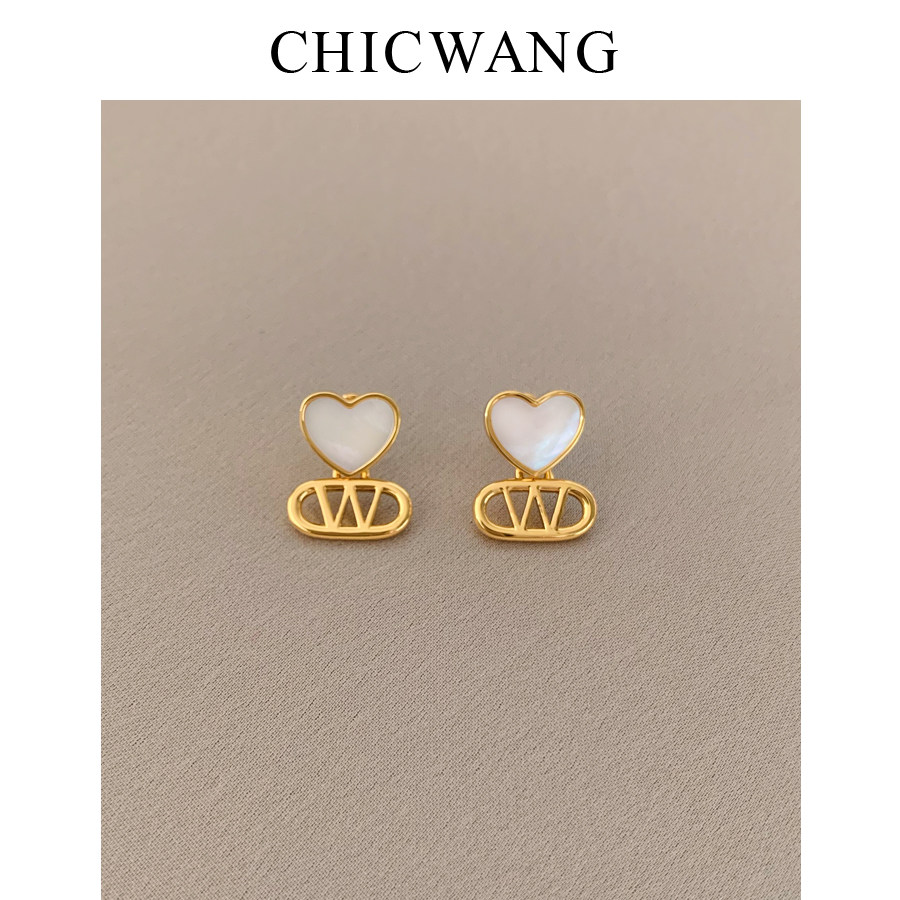 chicwang原创设计小众高级感纯银针天然白贝母爱心形字母w耳钉环
