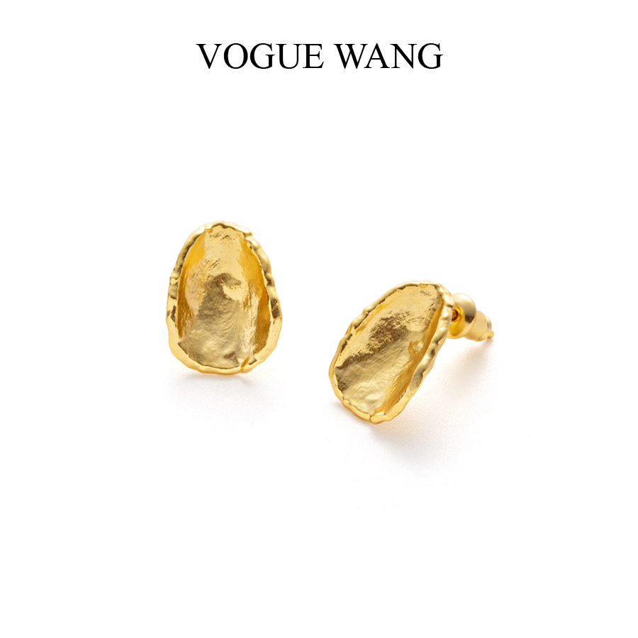 VOGUEWANG艺术熔岩新品S925纯银镀金色白百何同款几何圆片耳钉环