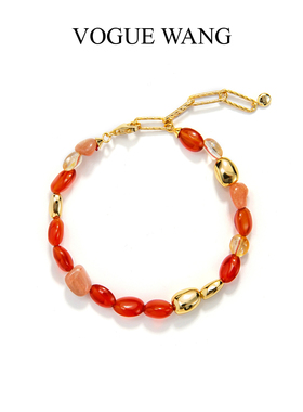 VOGUEWANG原创新年款925纯银镀金色天然红玛瑙黄玉石宝石串珠手链