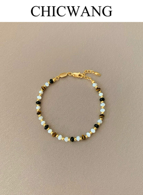 新款时尚百搭博主同款纯银镀金色天然黑玛瑙白贝母虎眼石串珠手链