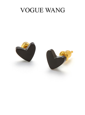 时尚高级感甜酷风百搭S925纯银天然黑玛瑙迷你黑色小爱心形耳钉环