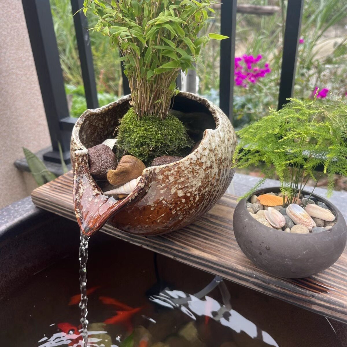 生态缸古法养鱼陶瓷罐流水摆件图片