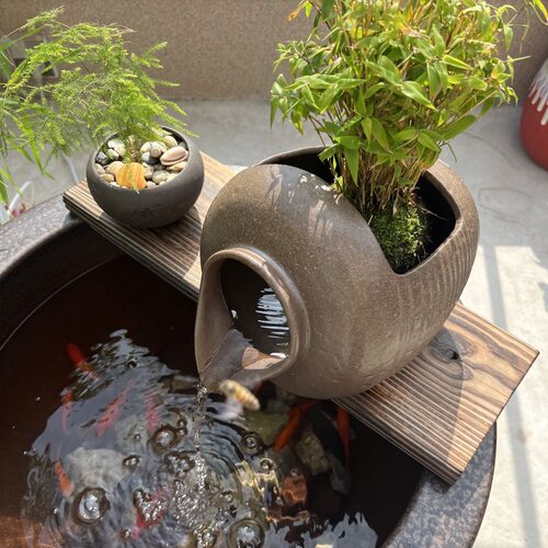 复古陶瓷罐流水摆件鱼缸过滤器