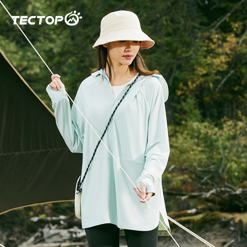 TECTOP探拓户外春夏女可拆帽檐皮肤衣中长运动休闲外套轻薄防晒衣