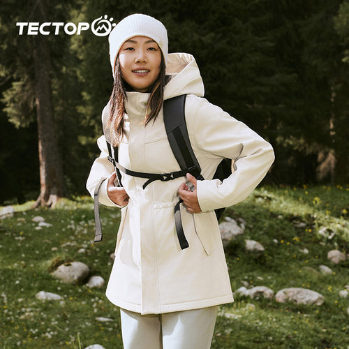 TECTOP探拓户外秋冬女士中长款内里加薄绒软壳衣防风连帽休闲外套
