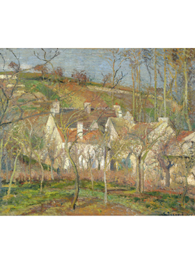 毕沙罗油画农村风景手绘临摹冬日里村庄一角的红色屋顶Pissarro
