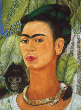 女画家弗里达油画自画像与猴Frida Kahlo名画复制品手绘临摹