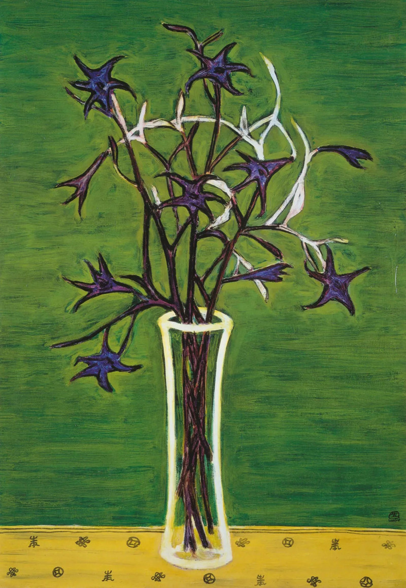 常玉油画绿色背景的百合花手绘复制品简约中式花卉装饰画挂画植物