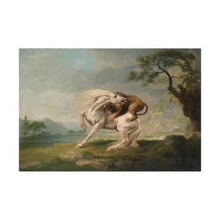 George Stubbs斯塔布斯动物油画被狮子攻击的马手绘临摹画装饰画