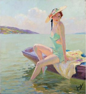 饰画 印象人物油画Edward Cucuel 沐浴时光女性装 欣美画店名画