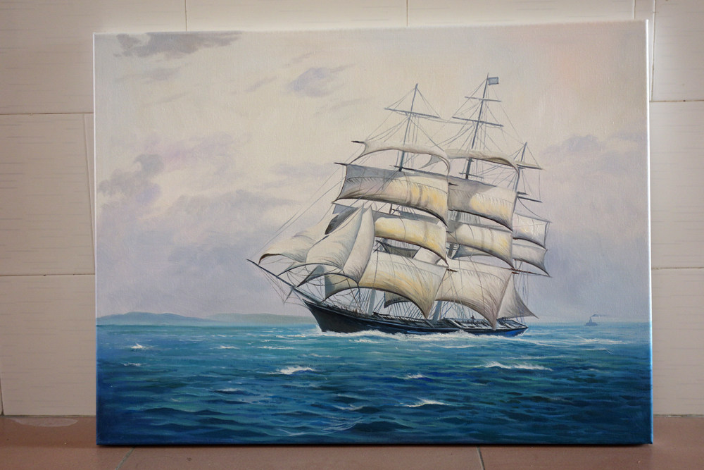 手绘办公室挂画海景帆船油画客厅装饰画