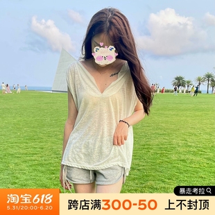 女款 透气排汗舒适休闲衣 100%纯亚麻V领大领口打底宽松短袖 夏季