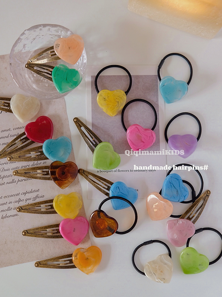 QI纯手工儿童ins复古纹彩色爱心发夹头绳bb夹小女孩宝宝发饰皮筋