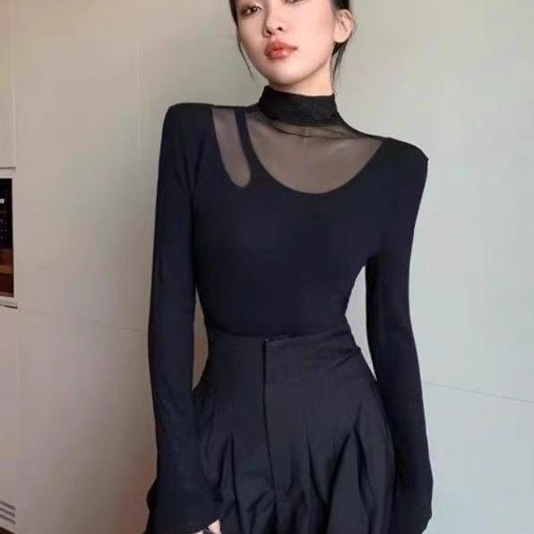 春秋网纱半高领黑色修身性感百搭