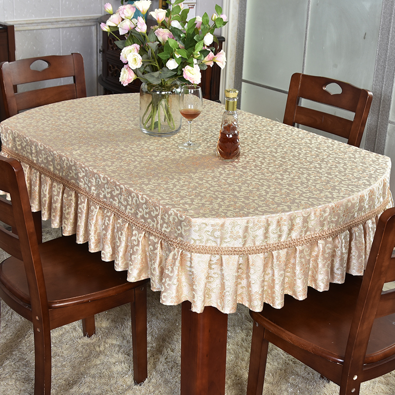 折叠椭圆形桌布轻奢欧式荷叶边金色台布布艺长方形餐桌布桌套定制