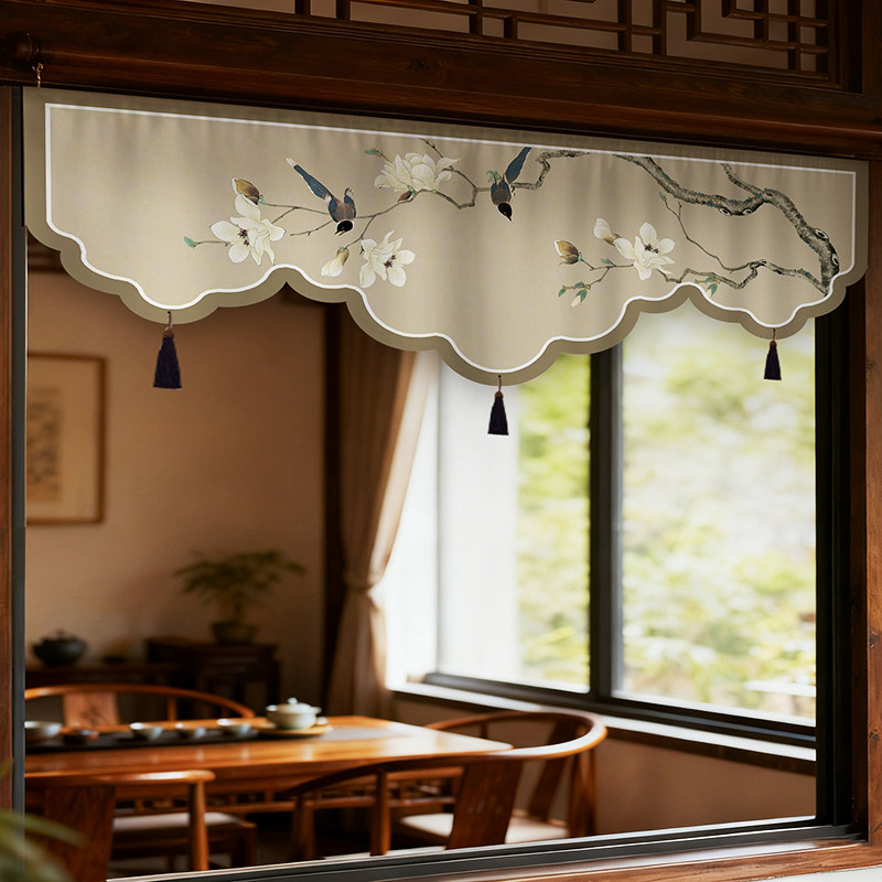 中古风异形帘头窗帘短帘半帘隔断帘遮挡帘装饰布帘免打孔魔术贴