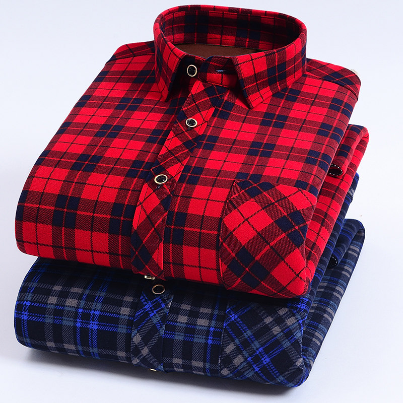 2025秋冬新款男长袖保暖格子衬衫加绒加厚磨毛修身男式衬衣大红格