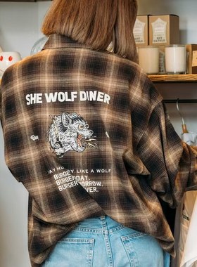 日单潮牌SHE WOLF DINER x FREAKS STORE全棉法兰绒刺绣格纹衬衣