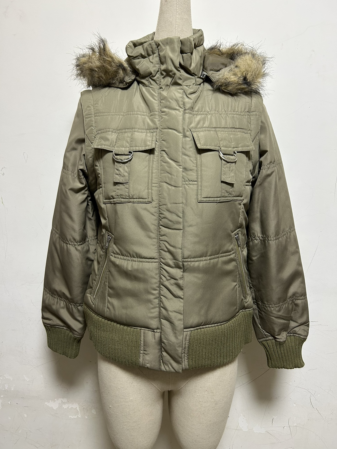 外贸出口日单女士工装风发热棉保暖棉服2way袖子风帽可以拆卸马甲