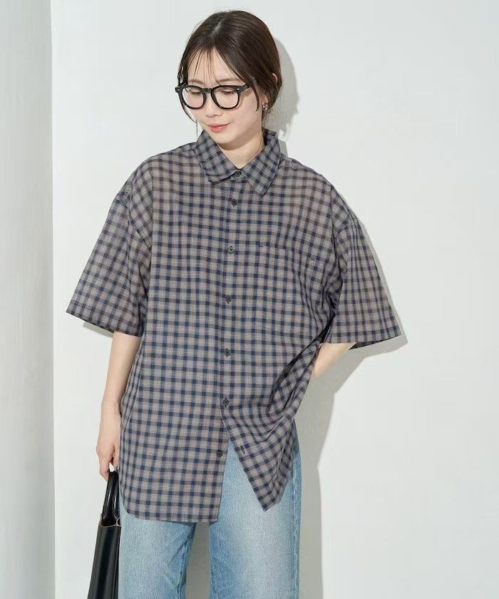 日单贵牌freaks store女士夏季薄款全棉透视格纹短袖衬衣