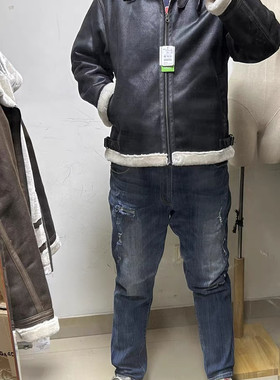 日单贵牌人造皮革皮毛一体外套冬季加绒加厚高级感痞帅羊羔绒棉衣