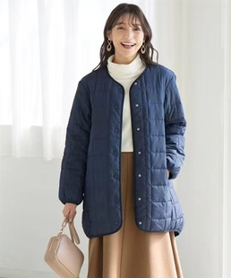 日单nissen日全女士绗缝方形格拼接双层摇粒绒保暖棉服大领口秋冬