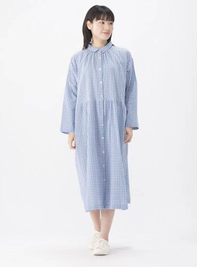 日单ss家女士全棉休闲连衣裙衬衣裙田园风格子长袖春夏秋