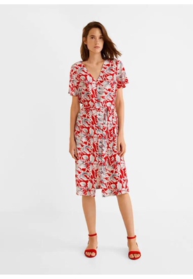 外贸出口欧美MNG芒果女士时尚红白花V领夏季人棉连衣裙