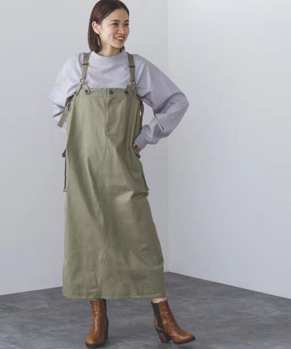 日单贵牌BEAMS家女士全棉纱卡工装风背带连衣裙松紧腰长裙四季款