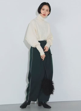 日单贵牌BEAMS女士聚酯混纺松紧腰侧缝刺绣装饰休闲裤