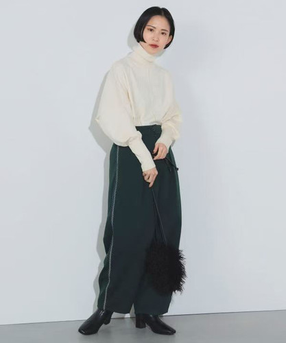 日单贵牌BEAMS女士聚酯混纺松紧腰侧缝刺绣装饰休闲裤