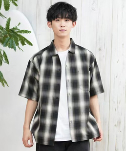 日单潮牌dear 休闲衬衣宽松抗皱速干 laurel棉质混纺复古格子短袖