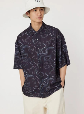 日单潮牌rcwb复古港风鲸鱼游泳印花宽松短袖衬衣男女同款oversize