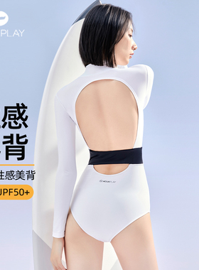 AquaPlay连体白色泳衣女款长袖游泳衣防晒冲浪服泡温泉度假泳装