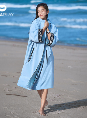 安泊来蓝色潜水斗篷女游泳冬训浴袍保暖防寒服加厚外套海边度假