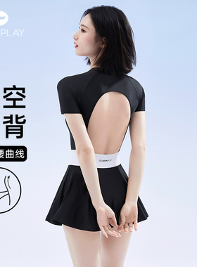 AquaPlay连体泳衣裙式女款短袖黑色显瘦游泳衣露腰高级泡温泉泳衣