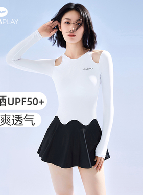 AquaPlay连体泳衣女黑白色长袖泡温泉游泳衣保守泳衣海边度假泳装