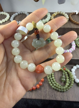 原创设计天然和田玉晴水卡10圆珠手串编号443多样性发货