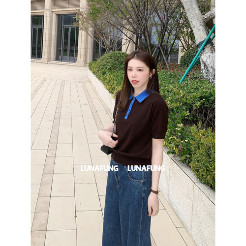 LUNAFUNG冯下文·棕色拼色polo针织短袖女复古慵懒风韩系上衣T恤