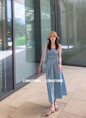 LUNAFUNG冯下文·蓝色抹胸褶皱吊带中长款连衣裙女生收腰显瘦裙子