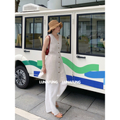 LUNAFUNG冯下文·老钱风连衣裙女亚麻v领无袖 系带收腰小个子裙子