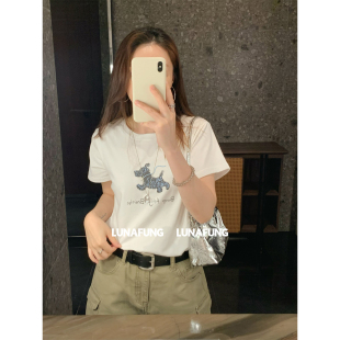 LUNAFUNG冯下文·圆领短袖简笔图案T恤小狗印花女夏天休闲百搭短t