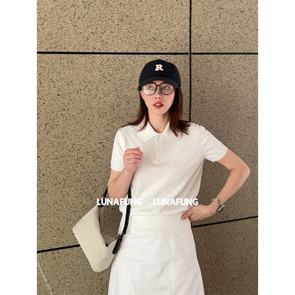 LUNAFUNG冯下文白色短袖针织polo衫套头女全棉刺绣韩版八奶上衣薄