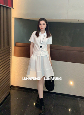 LUNAFUNG冯下文·春夏韩系套装白色短袖衬衫+A字裙套装程潇穿搭