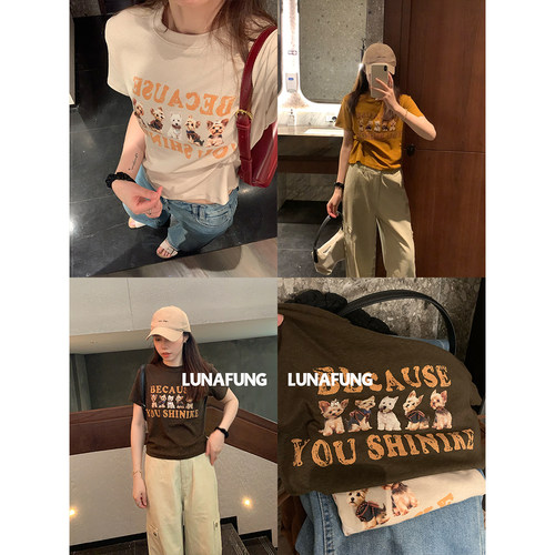 LUNAFUNG冯下文·小狗印花圆领套头短袖T恤女夏日显瘦短t正肩上衣