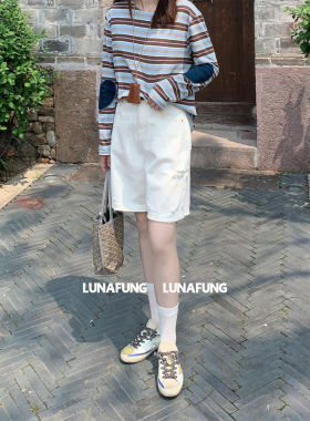 LUNAFUNG冯下文·白色高腰宽松牛仔短裤女棉春夏复古破洞显瘦裤子