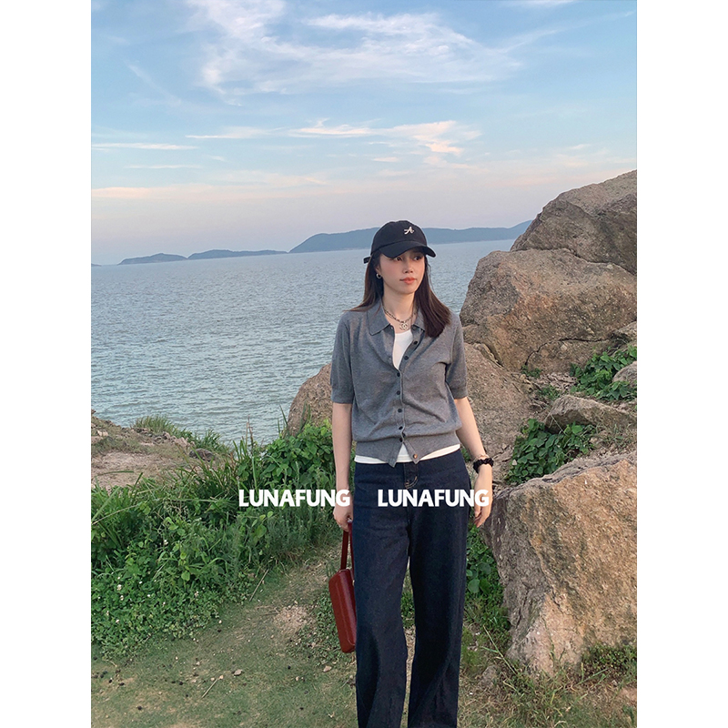 LUNAFUNG冯下文·灰色羊毛混纺短袖针织Polo衫女秋高级感翻领上衣